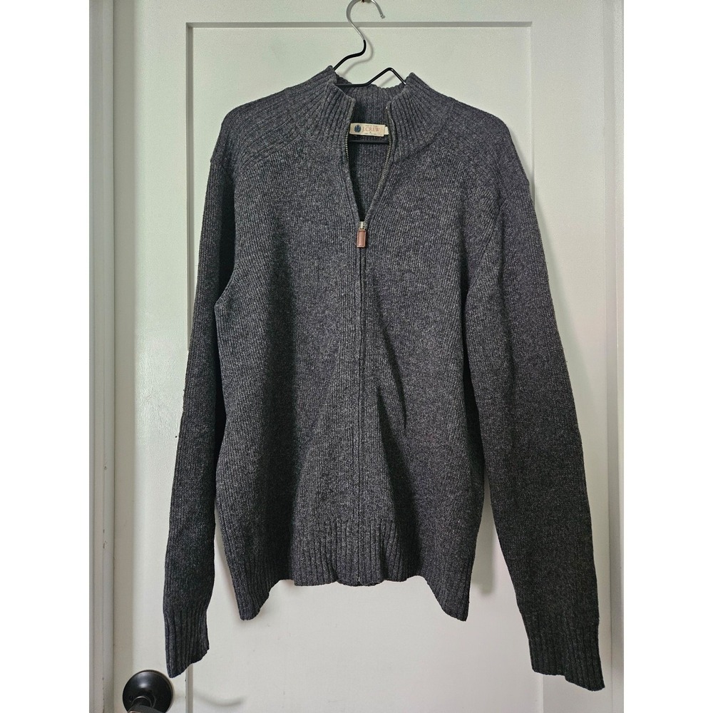 J.Crew Men's Large 100% Lambswool Full Zip Cardigan Sweater Charcoal Gray Mock N
